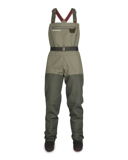 Women’s stockingfoot wader bib and pants, olive with dark gray lower and chest pocket