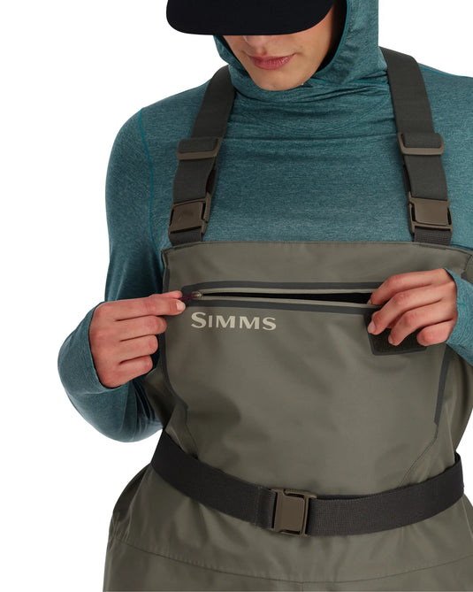 Stockingfoot wader chest pocket with Simms logo and adjustable waist belt