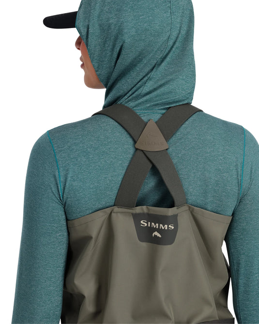 Stockingfoot wader back view with Simms patch and shoulder suspenders
