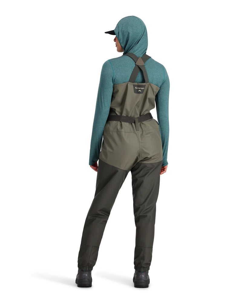 Load image into Gallery viewer, Women’s stockingfoot wader back view with shoulder straps, dark olive and gray
