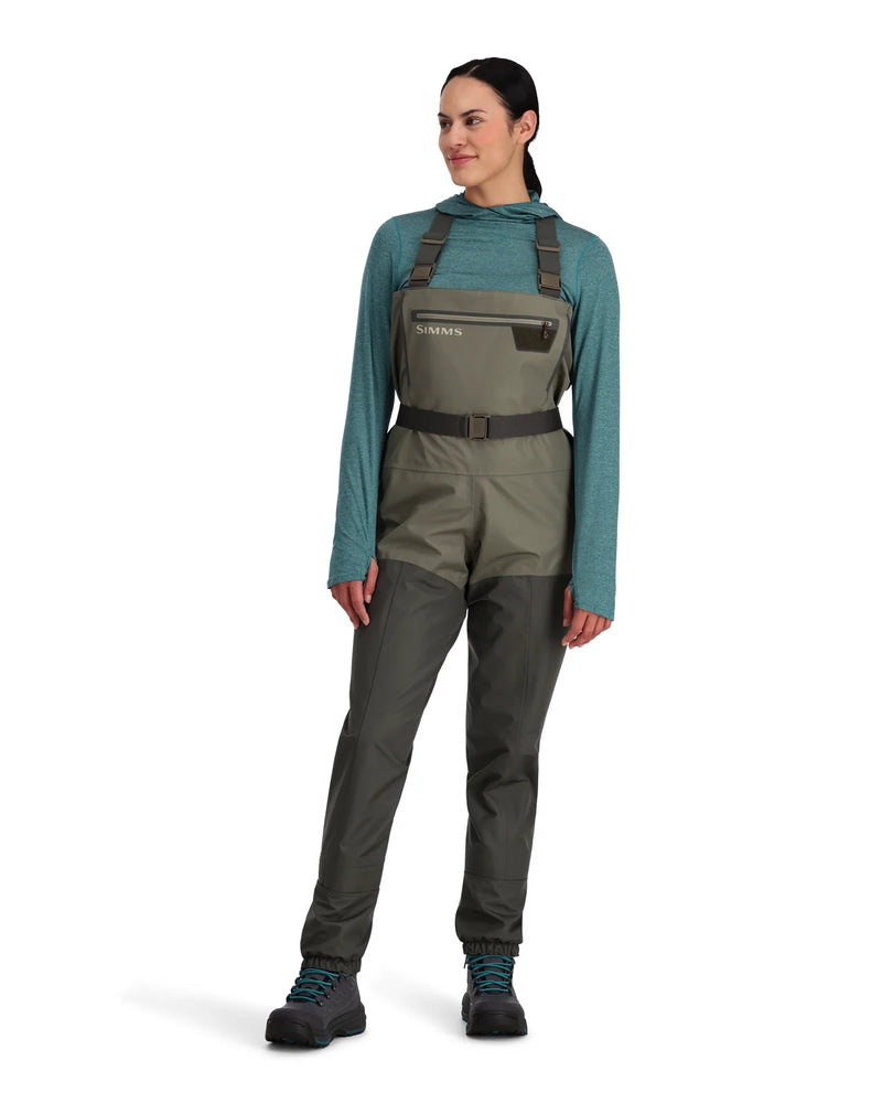 Load image into Gallery viewer, Women’s stockingfoot wader bib and pants, dark olive with adjustable waist belt
