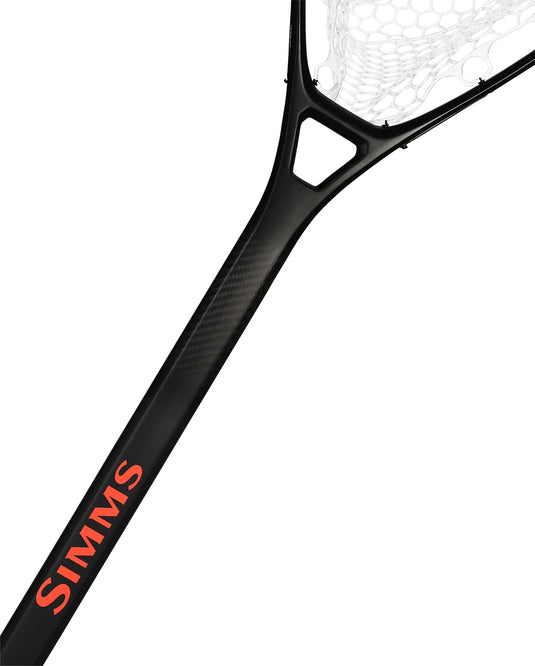 Landing net handle with black finish and red SIMMS lettering