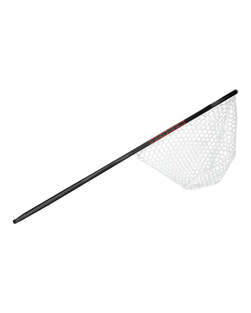 Load image into Gallery viewer, Landing net hoop with white mesh and black frame, angled for reach
