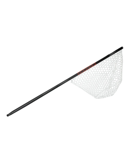 Landing net hoop with white mesh and black frame, angled for reach