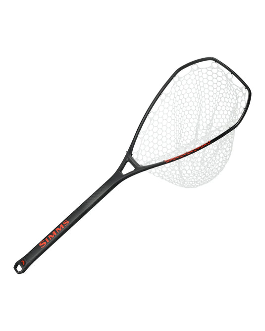Medium landing net with white mesh, black rim, and red logo on handle