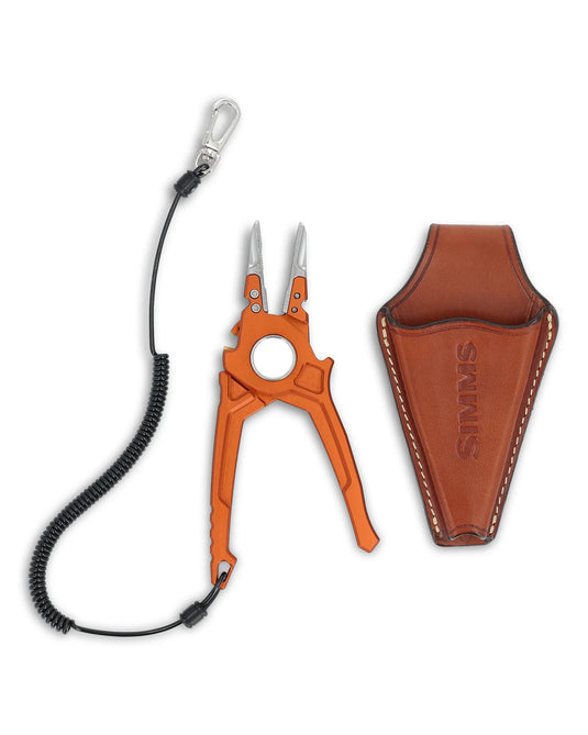 Simms guide pliers set: orange tool, brown leather sheath, black coiled lanyard