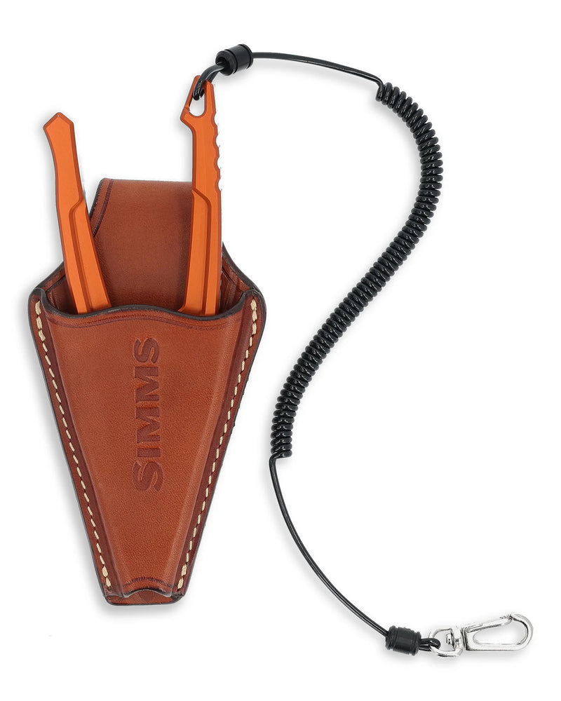 Load image into Gallery viewer, Orange guide pliers with brown leather sheath and black coiled lanyard, carabiner clip
