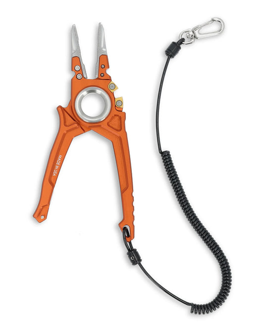 Orange guide pliers with circular head and black lanyard cord, carabiner hook