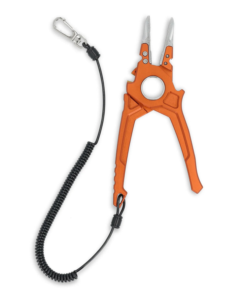 Load image into Gallery viewer, Orange guide pliers with black coiled lanyard cord and silver clip
