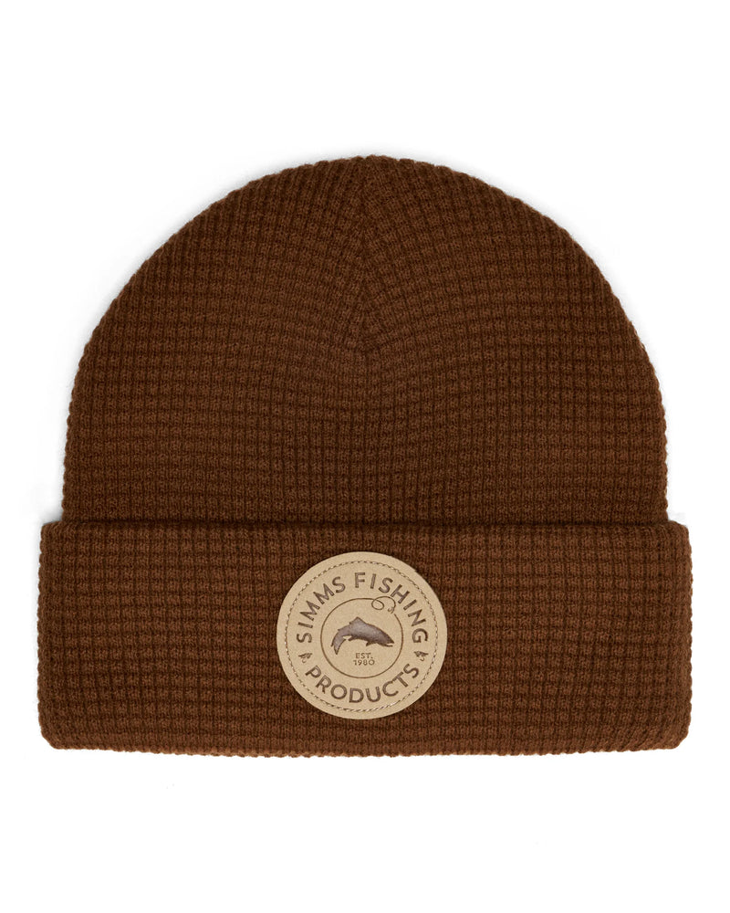 Load image into Gallery viewer, Simms waffle-knit beanie in dark brown with folded cuff and Simms Fishing Products patch
