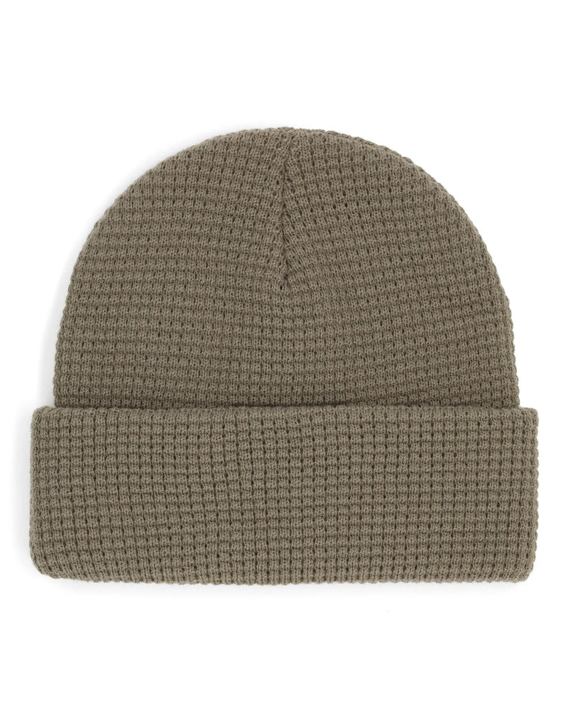 Load image into Gallery viewer, Taupe waffle-knit beanie with fold-up cuff, Simms Fishing Products leather logo
