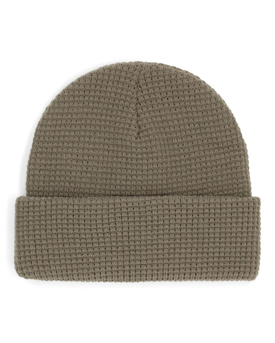 Taupe waffle-knit beanie with fold-up cuff, Simms Fishing Products leather logo