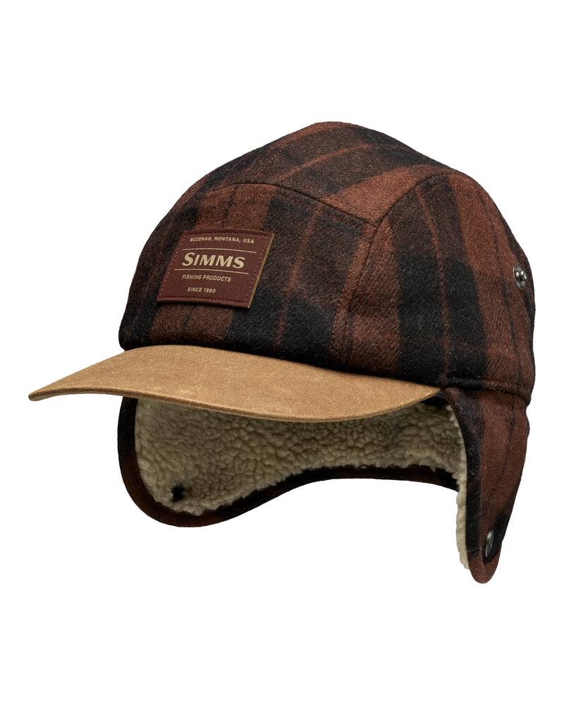 Load image into Gallery viewer, Brown plaid ear-flap coldweather cap with tan suede brim and sherpa lining; Simms label.
