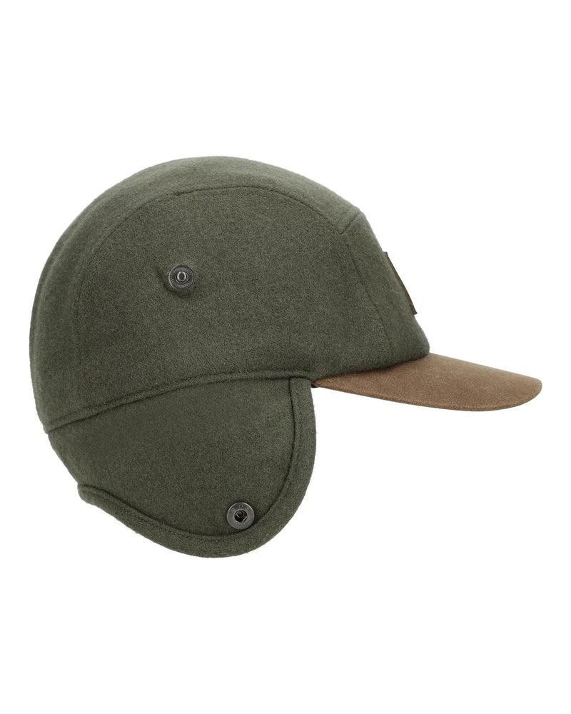 Load image into Gallery viewer, Olive coldweather cap with tan suede brim and buttoned ear flaps; Simms branding.

