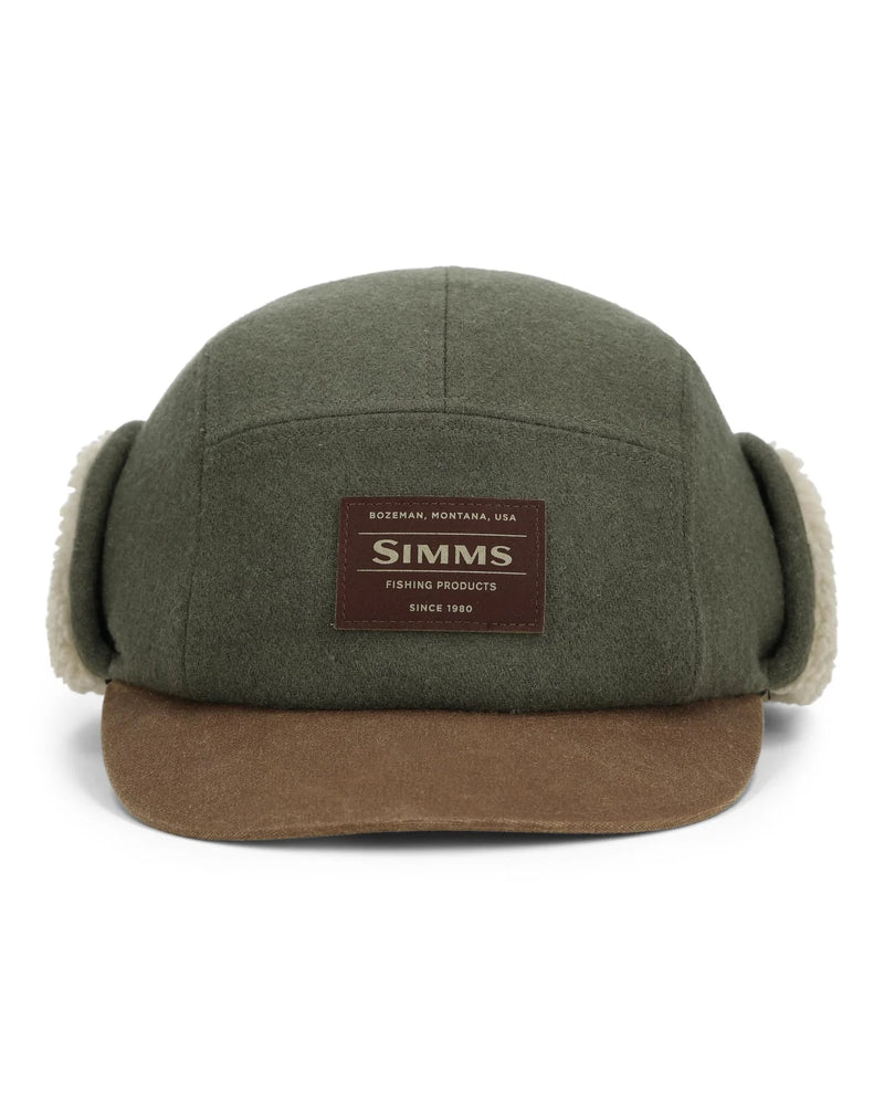 Load image into Gallery viewer, Green coldweather cap with brown brim, ear flaps, and plush sherpa lining; Simms logo patch.
