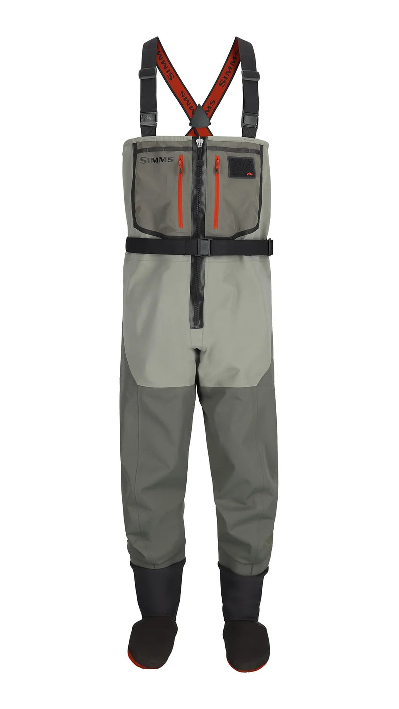 Load image into Gallery viewer, Simms Freestone Z stockingfoot wader in gray with black straps and red accents
