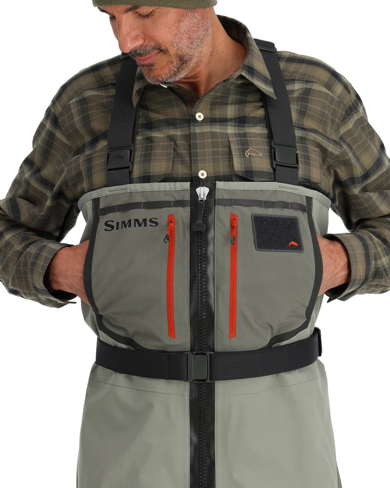 Load image into Gallery viewer, Simms Freestone Z chest panel wader in gray with black straps and red zip details
