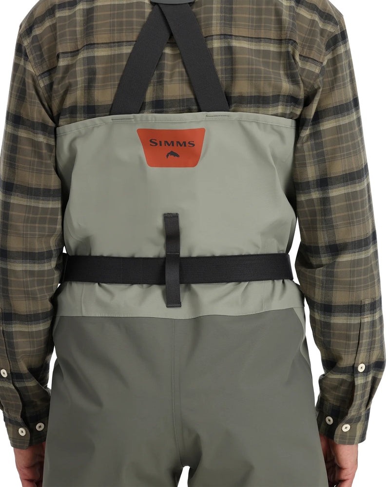 Load image into Gallery viewer, Simms Freestone Z back harness wader in gray with black straps and Simms logo patch
