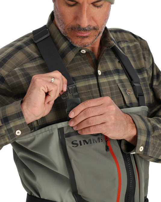 Simms Freestone Z wader chest pocket with zipper in gray and black straps