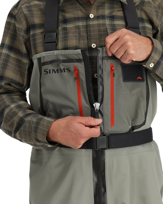 Simms Freestone Z wader front chest pocket zipper detail in gray with red accents