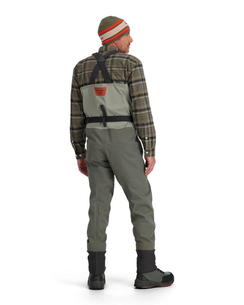 Load image into Gallery viewer, Simms Freestone Z stockingfoot wader back view in gray with black straps
