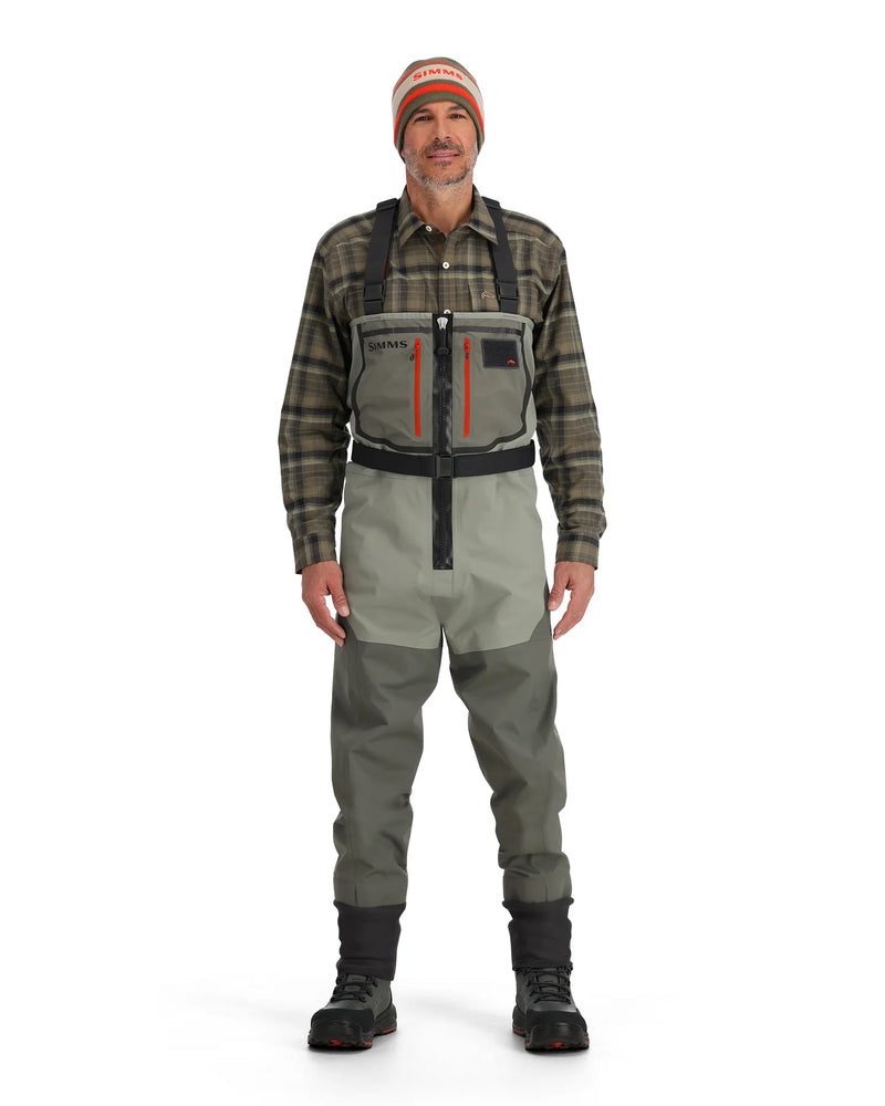 Load image into Gallery viewer, Simms Freestone Z stockingfoot wader in gray with black straps and red front accents
