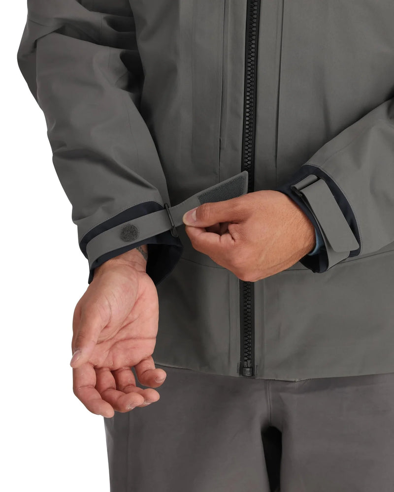 Load image into Gallery viewer, Men's G4 Pro jacket detail, front zipper, gray cuffs, and black trim
