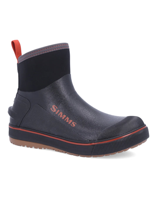 Simms Men’s Challenger 7-inch boot, black rubber upper and orange trim, pull-on style