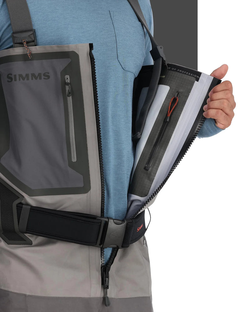 Load image into Gallery viewer, Gray wader zipper and pocket system with black belt and strap details
