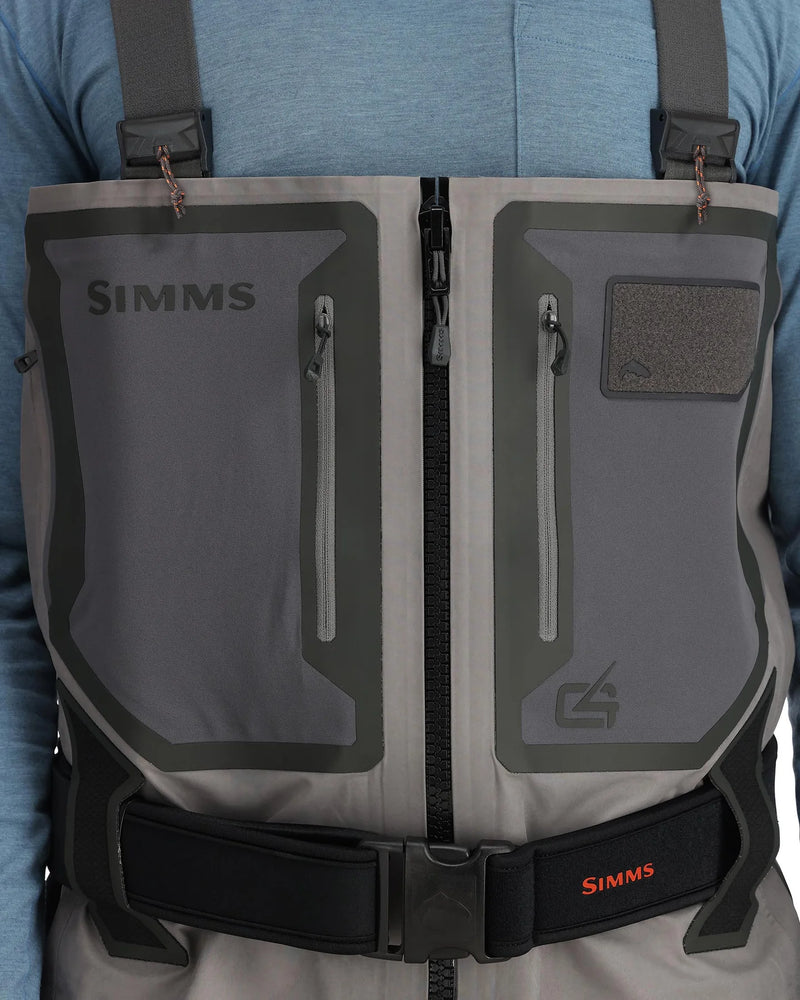 Load image into Gallery viewer, Men's Simms stockingfoot waders, gray chest bib with front zipper and Simms belt
