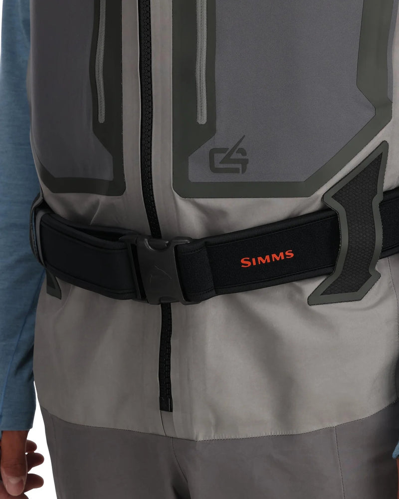 Load image into Gallery viewer, Front view of gray waders with black belt and SIMMS logo on pocket
