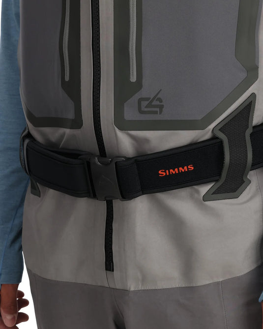 Front view of gray waders with black belt and SIMMS logo on pocket