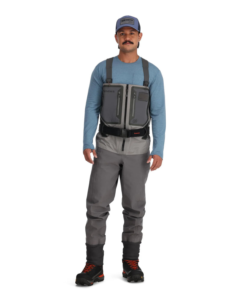 Load image into Gallery viewer, Gray stockingfoot waders with chest straps and black neoprene booties
