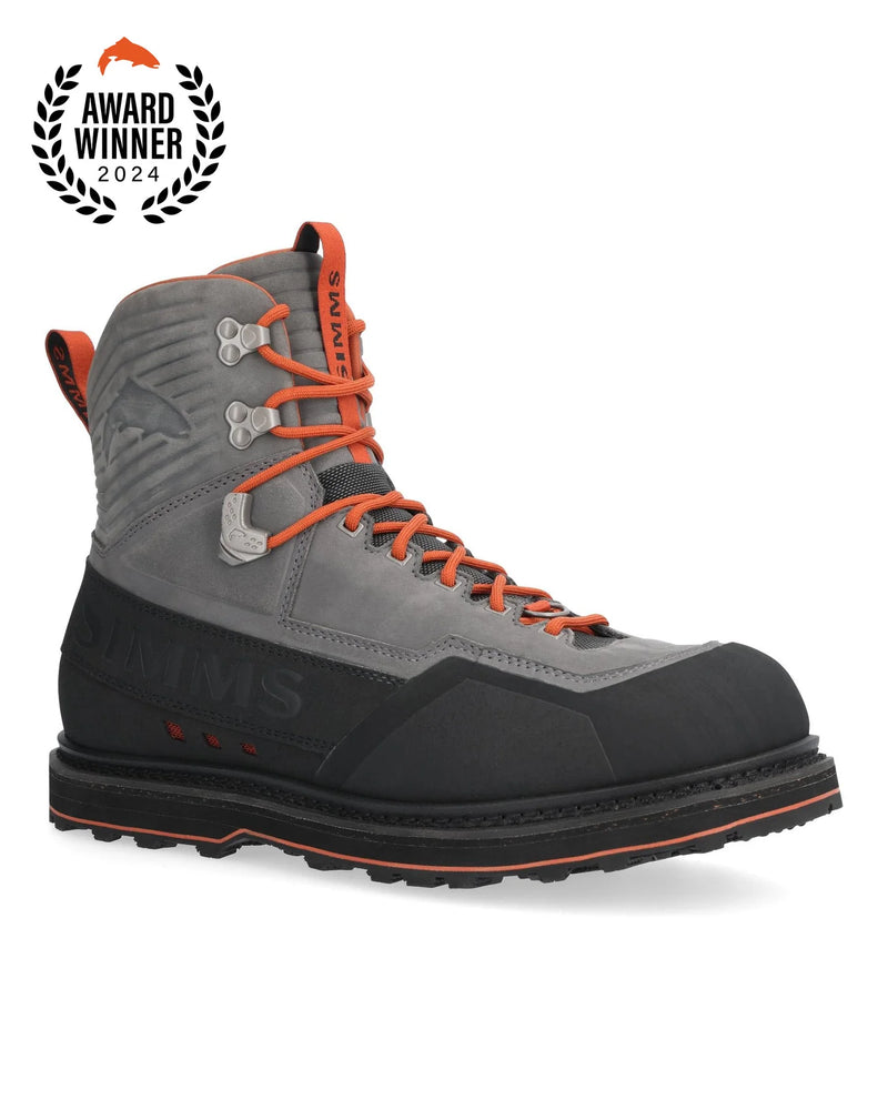 Load image into Gallery viewer, Men’s guide boot in dark gray with orange laces, black rubber sole and rugged tread
