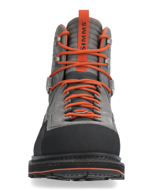Men’s guide boot front view in dark gray with orange laces and black rubber sole