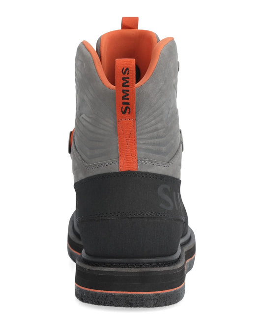 Simms felt boot back view, orange heel lining and dark sole edge