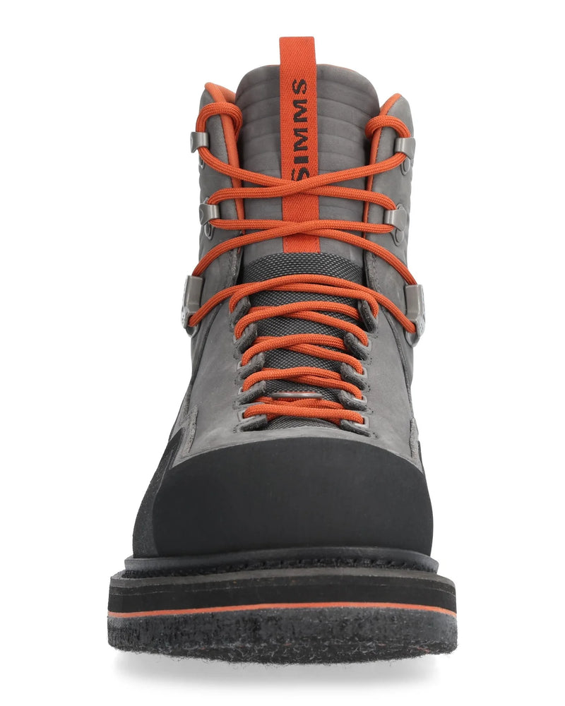 Load image into Gallery viewer, Simms G3 Guide felt boot front view, dark gray and black with orange laces
