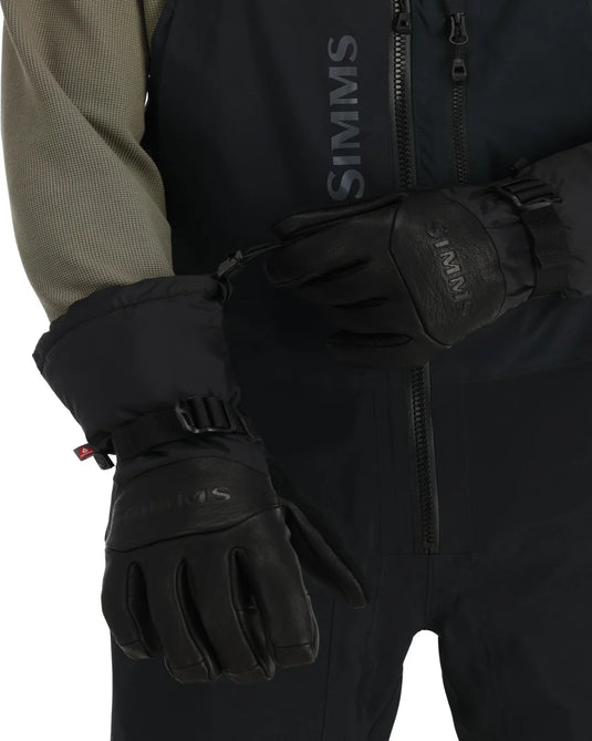 Black insulated Simms gloves with textured knuckles and wrist strap detail