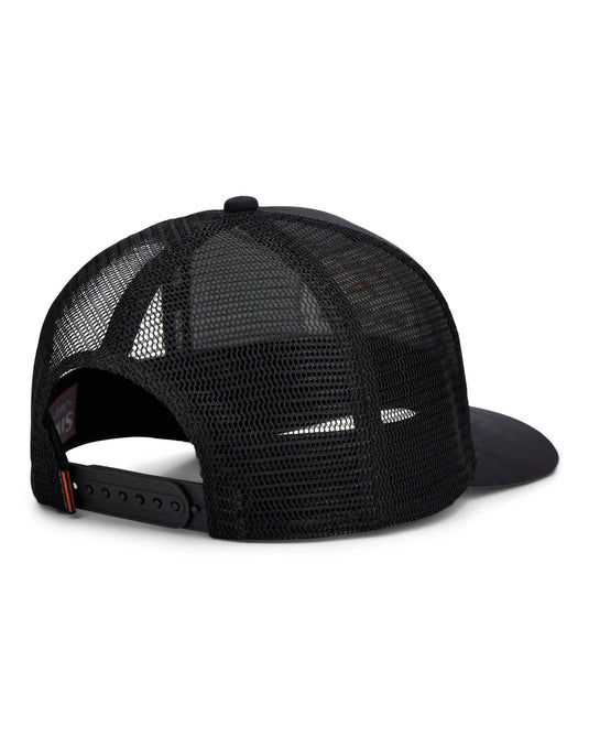 Black mesh trucker cap with back strap and curved brim