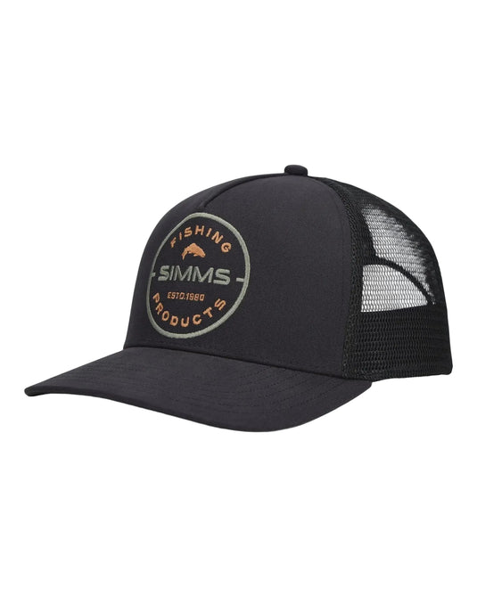 Black trucker cap with SIMMS patch on front and curved brim