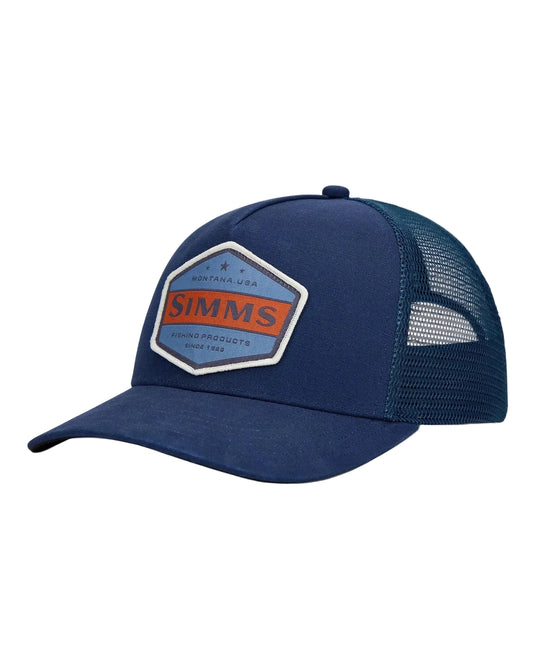 Blue trucker cap with mesh back and stitched front logo patch