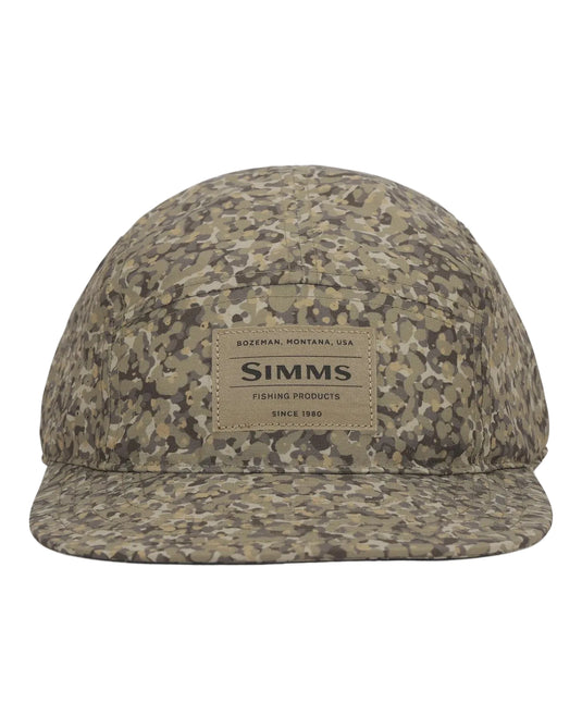 Simms camo haul pack cap with front logo patch, adjustable brim.