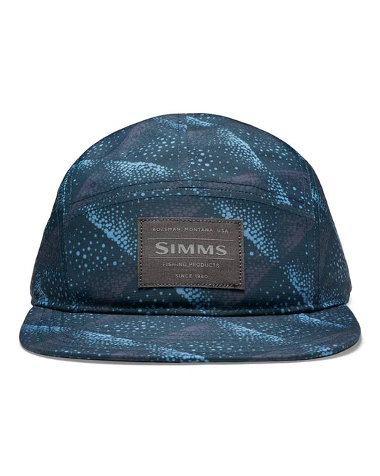 Simms single haul pack cap, blue speckle camo with front brand patch