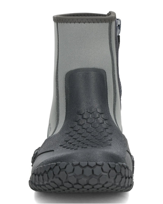 Dark gray ankle bootie with side zipper, hex-pattern rubber toe and sole