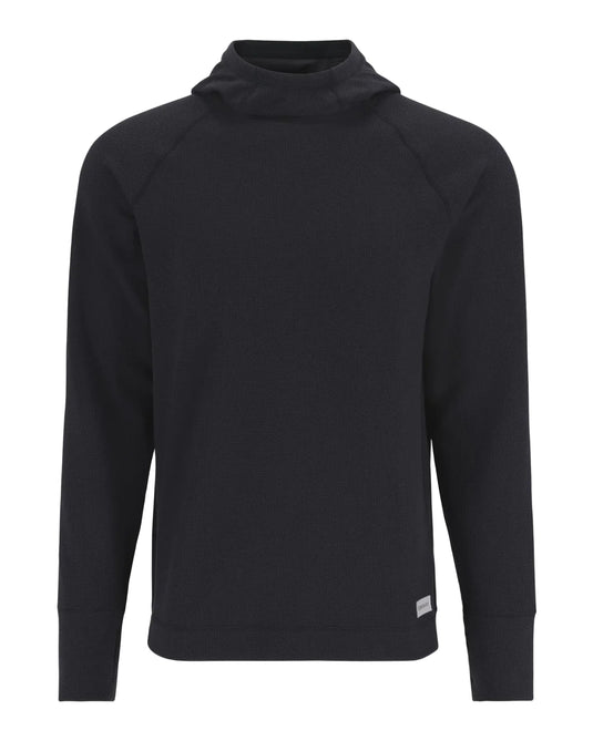 Black men's pullover hoodie with hood, long sleeves, kangaroo pocket