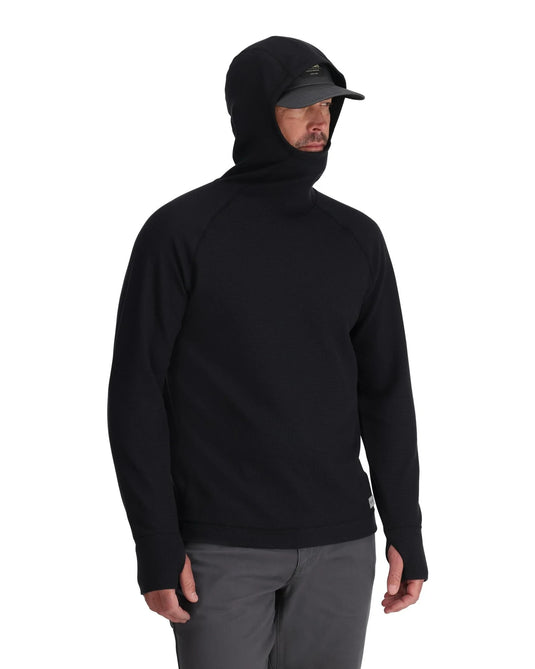 Black men's pullover hoodie with hood, long sleeves, back view