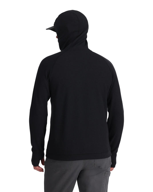 Black men's pullover hoodie with hood, back view