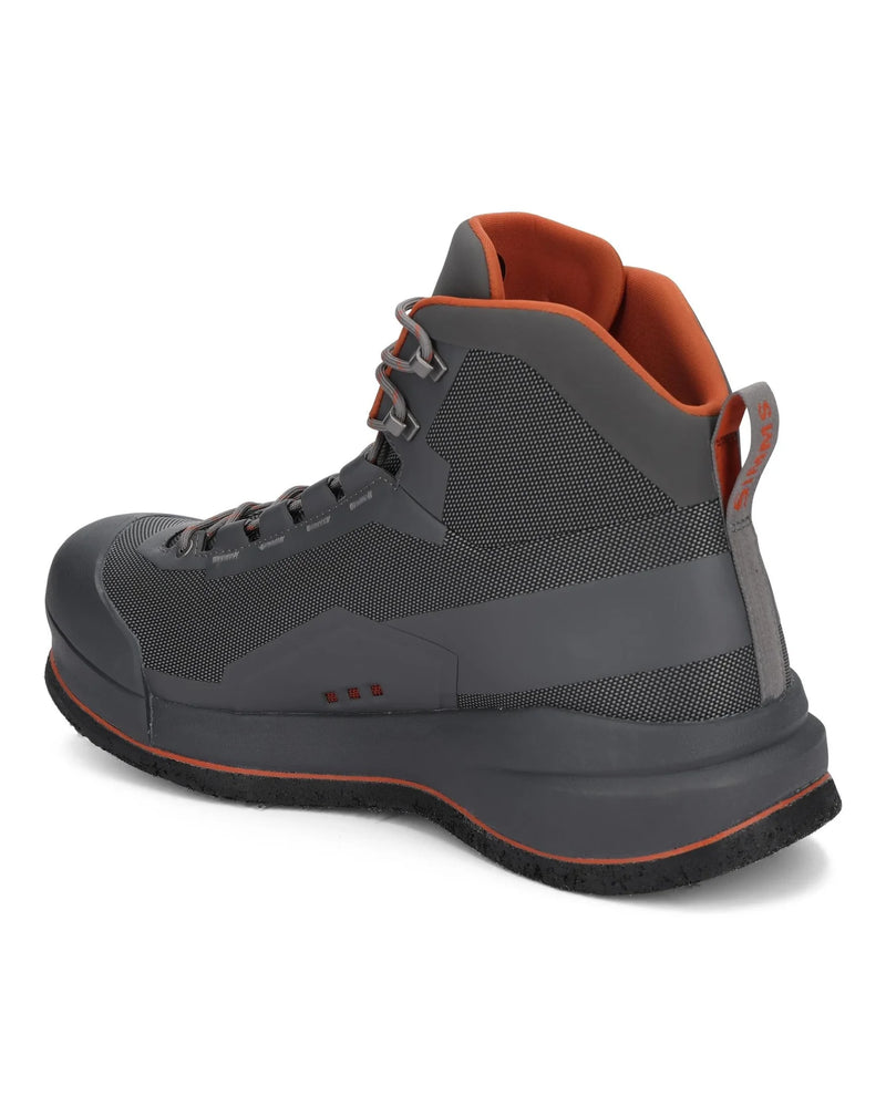 Load image into Gallery viewer, Felt flyweight boot, dark gray side with orange interior lining and lace-up design
