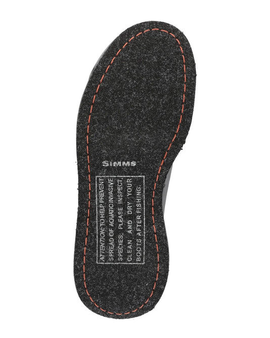 Felt boot insole with orange edge stitching and Simms text print