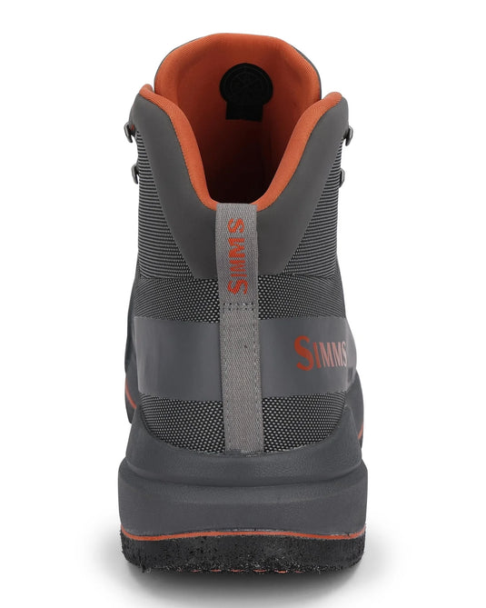 Felt flyweight boot opening with orange collar lining and Simms branding on tongue